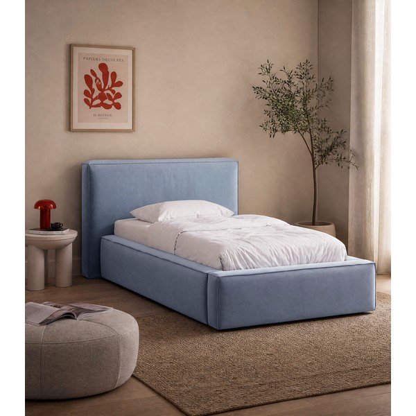 Letto singolo imbottito azzurro con contenitore con rete inclusa 90x200 cm Jodie – Micadoni -image-1
