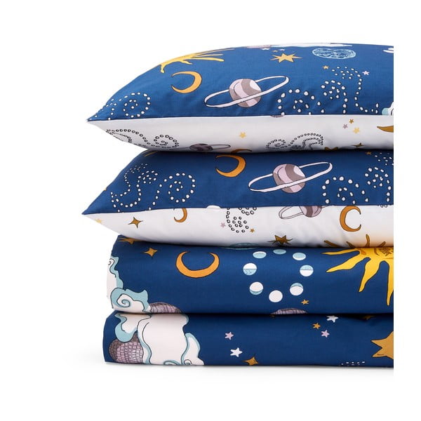 Set copripiumino e federa bianco e blu in cotone per letto matrimoniale 200x200 cm Disco Space – Their Nibs