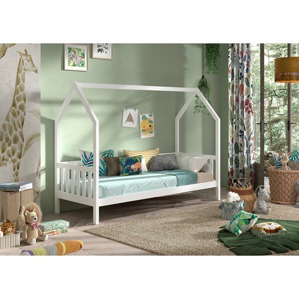 Letto da bambini a forma di casa bianco in pino massiccio con rete inclusa 90x200 cm Cabane – Vipack-image-1