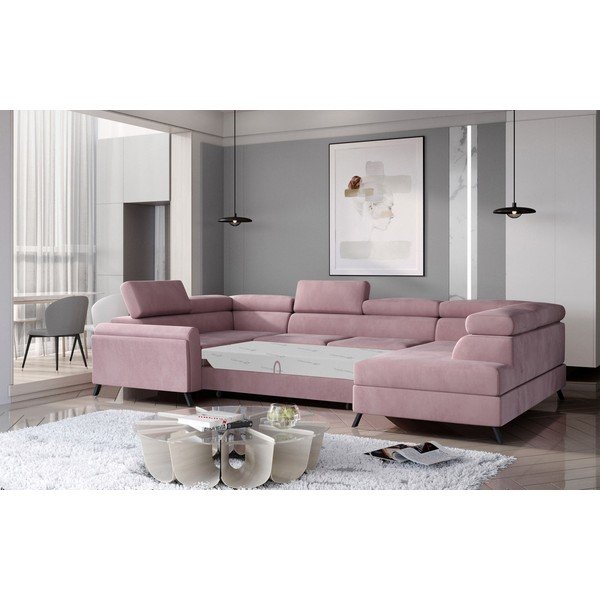 Divano angolare rosa allungabile/con contenitore (con penisola a destra/a U) e rivestimento in velluto Escada – ELTAP-image-3