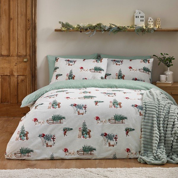 Set copripiumino e federa verde/di colore naturale in flanella per letto matrimoniale 200x200 cm Brushed Christmas Dogs – Catherine Lansfield-image-2