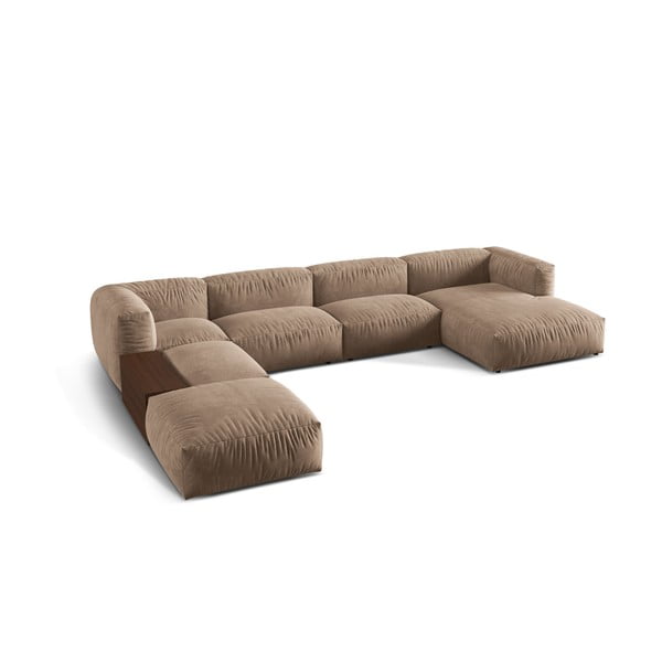 Divano angolare componibile marrone chiaro (con penisola a sinistra/a U) con rivestimento in velluto Martina – Micadoni -image-1