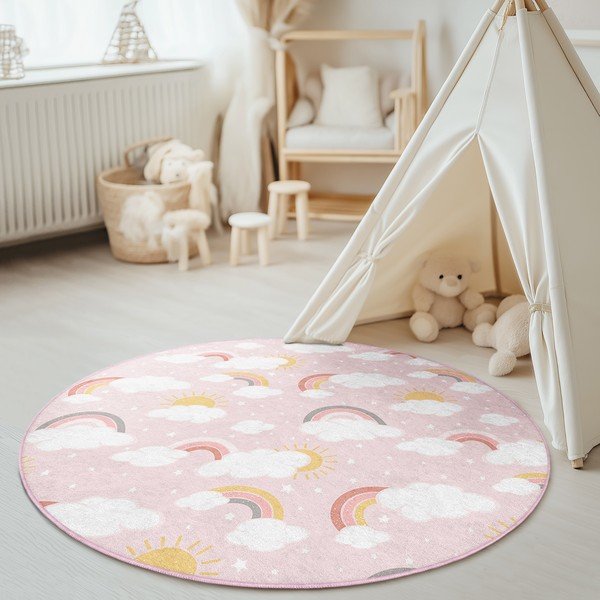Tappeto per bambini rosa lavabile ø150 cm Rainbow World – Mila Home-image-1