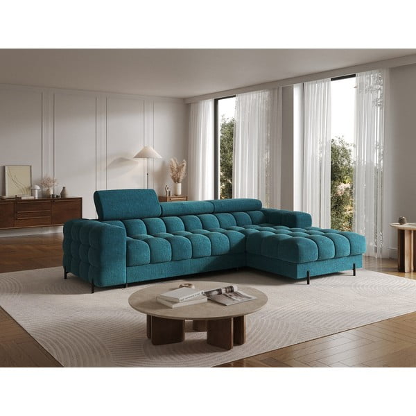 Divano angolare blu allungabile/con contenitore (con penisola a destra/con chaise lounge) con rivestimento in bouclé Felro – ELTAP-image-3