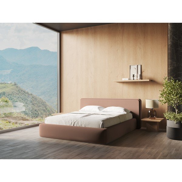 Letto matrimoniale imbottito rosa chiaro con contenitore con griglia 160x200 cm Kiana - Makamii-image-1