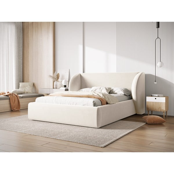 Letto matrimoniale imbottito beige con contenitore con griglia 160x200 cm Miley - Micadoni Home-image-1