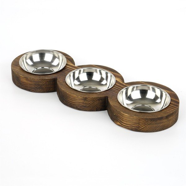 Ciotola tripla per cani con base in legno massiccio di abete rosso - Petpetite