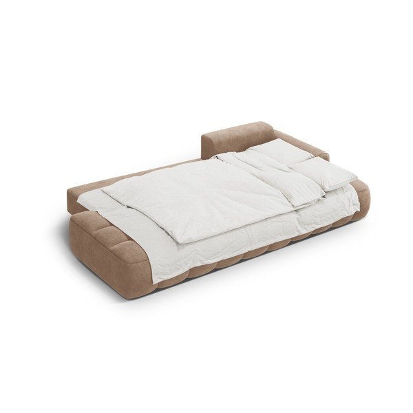 Divano angolare marrone chiaro allungabile/con contenitore (con penisola a destra/con chaise lounge) con rivestimento in velluto Linz – Cosmopolitan Design-image-4