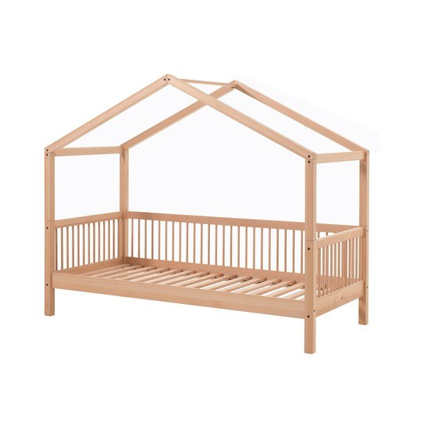 Letto da bambini a forma di casa di colore naturale in faggio massiccio con rete inclusa 90x200 cm Forrest – Vipack