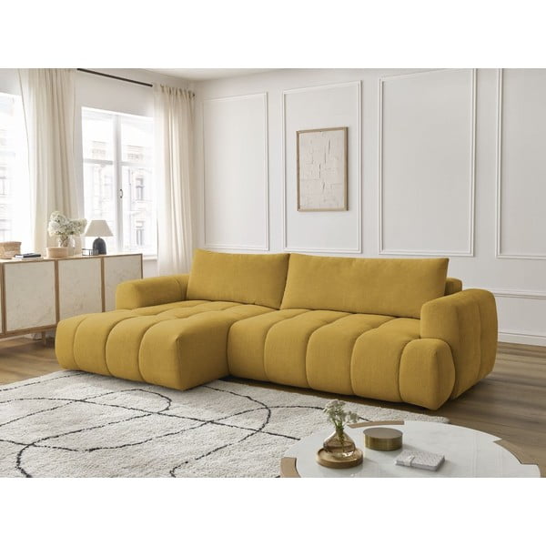 Divano angolare color senape allungabile e con contenitore (penisola a sinistra/chaise lounge) con rivestimento in ciniglia Fuji – Bobochic Paris-image-1