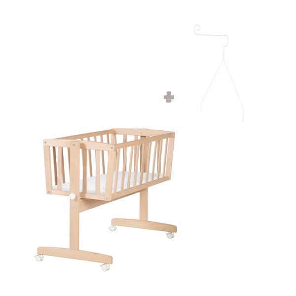 Culla di colore naturale in faggio massiccio con ruote e baldacchino 40x90 cm Adam and Owl – Roba-image-4