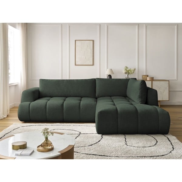 Divano angolare verde allungabile e con contenitore (penisola a destra/a L) con rivestimento in ciniglia Fuji – Bobochic Paris-image-1