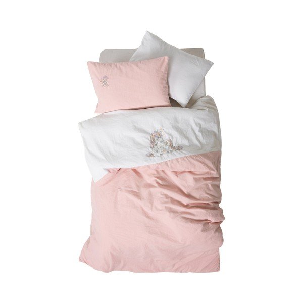 Set copripiumino e federa da bambini bianco/rosa in cotone per culla con lenzuolo incluso/4 pezzi 100x150 cm Bonic – Mijolnir