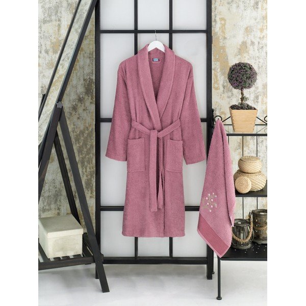 Set con accappatoio e asciugamano rosa scuro in cotone S e M – Mila Home