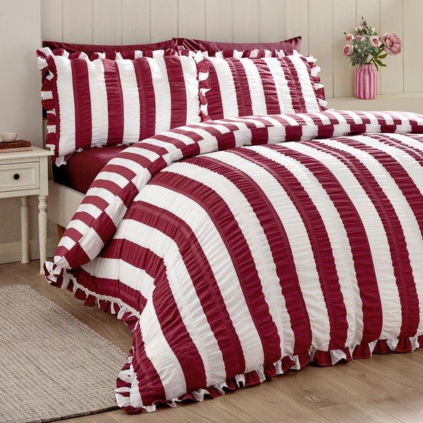 Set copripiumino e federa viola scuro per letto matrimoniale 200x200 cm Seersucker Frill Stripe – Catherine Lansfield-image-3