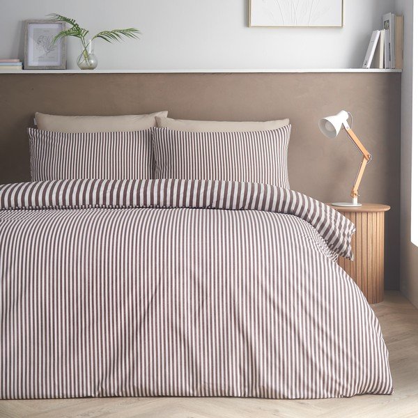 Set copripiumino e federa marrone scuro per letto matrimoniale 200x200 cm Epping Textured Stripe – Catherine Lansfield-image-1