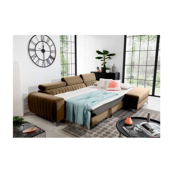 Divano angolare marrone chiaro allungabile/con contenitore (con penisola a destra/con chaise lounge) e rivestimento in velluto Grayson – ELTAP-image-4