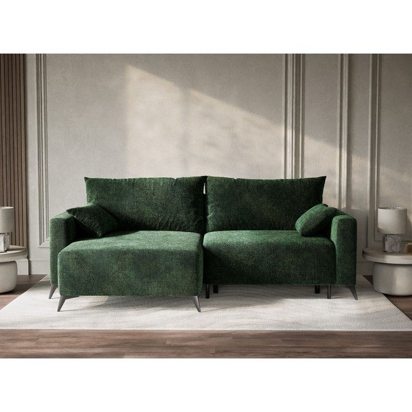 Divano angolare verde scuro allungabile/con contenitore (con penisola a sinistra/con chaise lounge) con rivestimento in ciniglia Leon – Maison de Rêve-image-1