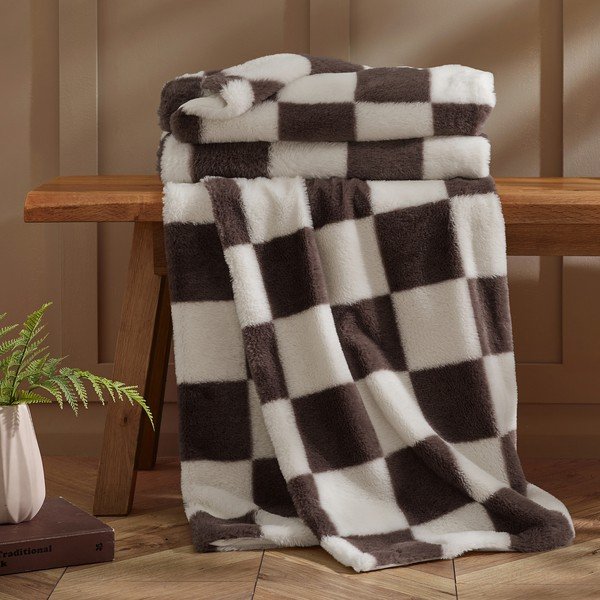 Coperta bianca/marrone scuro 130x170 cm Cosy Soft Checkerboard – Catherine Lansfield-image-2