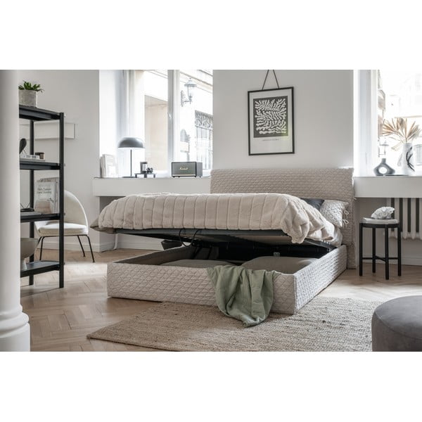 Letto matrimoniale imbottito beige con spazio contenitivo e rete 160x200 cm Sleepy Luna - Miuform-image-1