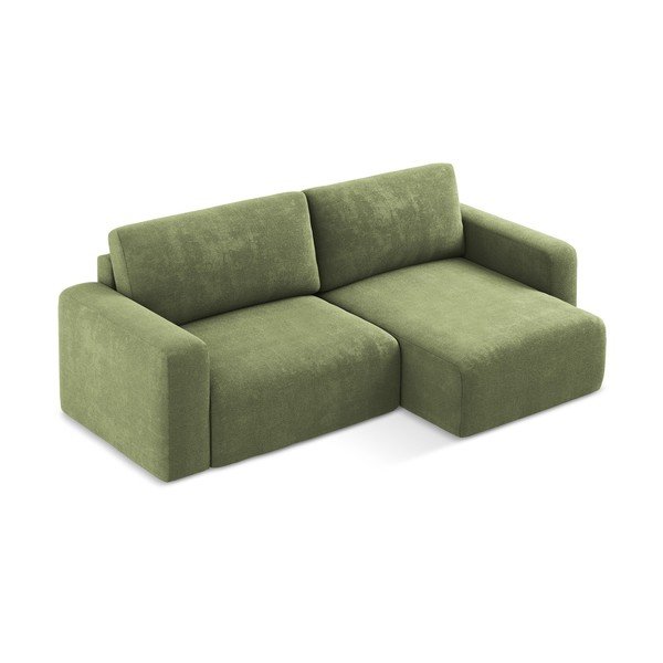 Divano angolare verde allungabile/con contenitore (con penisola a destra/con chaise lounge) con rivestimento in ciniglia Kona – Makamii-image-3