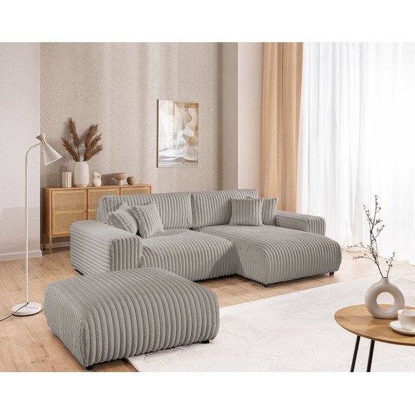 Poggiapiedi grigio chiaro con rivestimento in velluto a coste Justin – Ropez-image-3