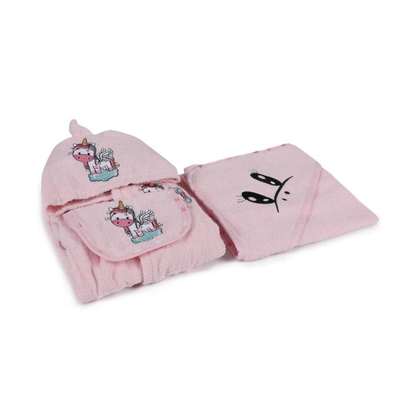 Set di accappatoio e asciugamano da bambini rosa in cotone 3 pz 0-2 anni Unicorn – Foutastic