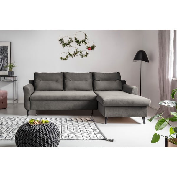 Divano letto angolare in velluto grigio scuro, angolo destro Stylish Stan - Miuform-image-1