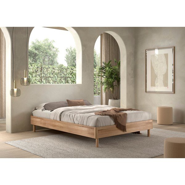 Letto matrimoniale di colore naturale in rovere massiccio senza testiera con rete inclusa 140x200 cm Forrest – Vipack-image-1