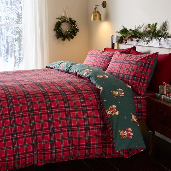 Set copripiumino e federa rosso/verde scuro per letto singolo 150x120 cm Christmas Tartan Teddy Bear – Catherine Lansfield-image-1
