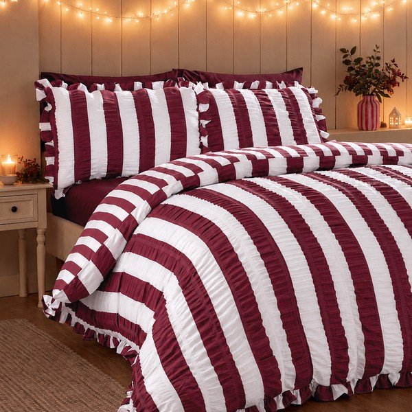 Set copripiumino e federa viola scuro per letto matrimoniale 200x200 cm Seersucker Frill Stripe – Catherine Lansfield-image-1