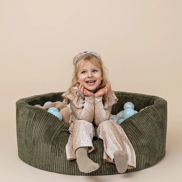 Piscina di palline color kaki in velluto a coste 90x90x30 cm Montessori – Meowbaby-image-1