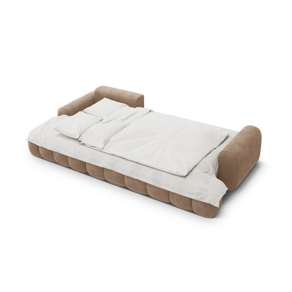 Divano angolare marrone chiaro allungabile/con contenitore (con penisola a sinistra/con chaise lounge) con rivestimento in velluto Linz – Cosmopolitan Design-image-4