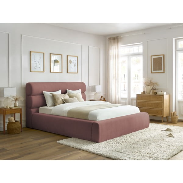 Letto matrimoniale imbottito rosa chiaro con contenitore con griglia 180x200 cm Jagna - Bobochic Paris-image-1