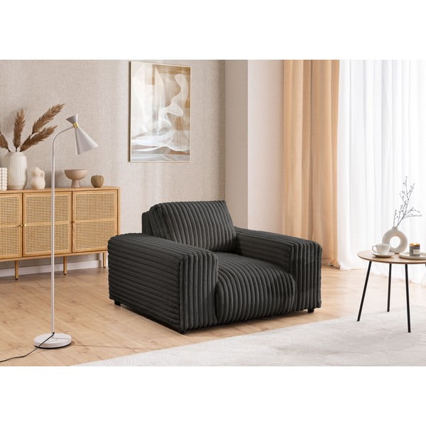 Poltrona grigio scuro con rivestimento in velluto a coste Justin – Ropez-image-4