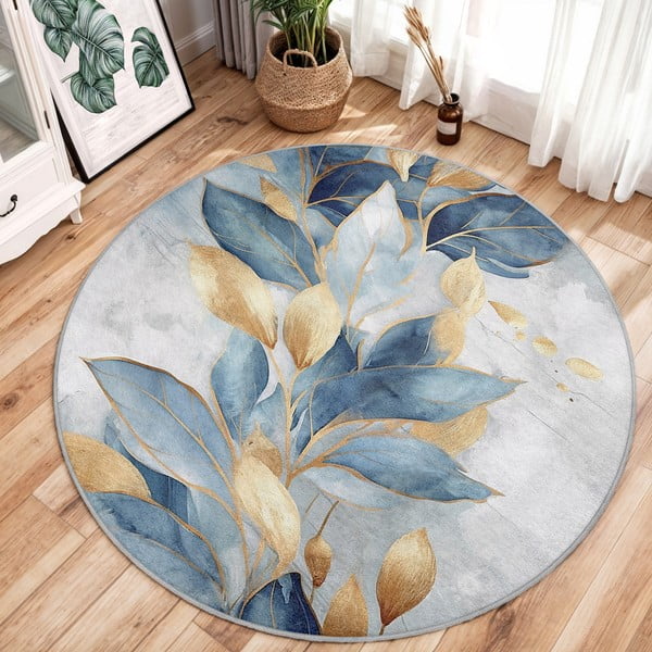 Tappeto rotondo blu/dorato lavabile ø 80 cm Golden Leaves – Mila Home-image-2