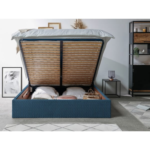 Letto matrimoniale imbottito blu con vano contenitore con griglia 160x200 cm Adele - Bobochic Paris-image-3