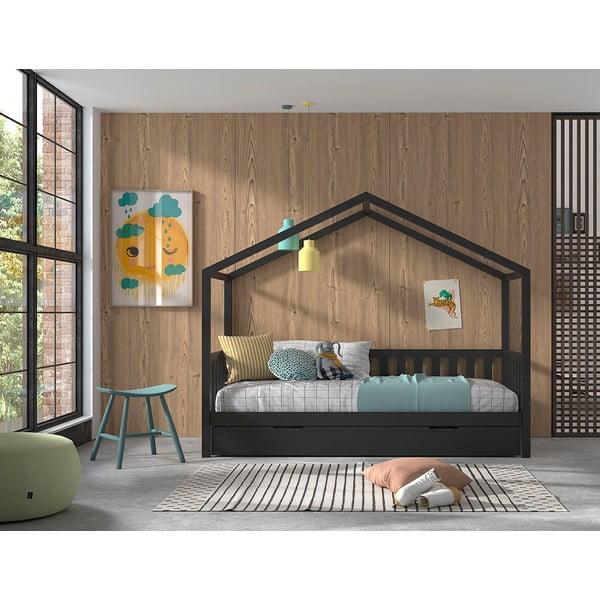 Letto per bambini in legno di pino antracite con letto estraibile e contenitore 90x200 cm DALLAS - Vipack-image-1