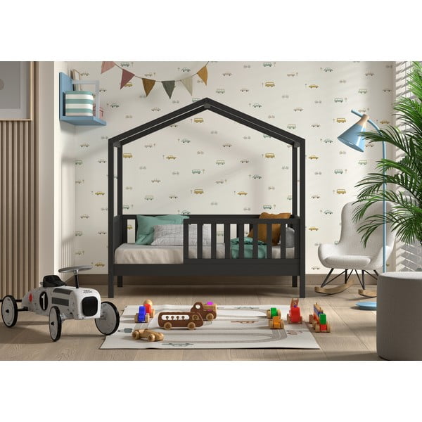 Letto da bambini a forma di casa color antracite in pino massiccio con rete inclusa 70x140 cm DALLAS – Vipack-image-1