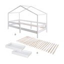 Letto da bambini a forma di casa bianco in legno massiccio con contenitore con rete inclusa 90x200 cm – Roba