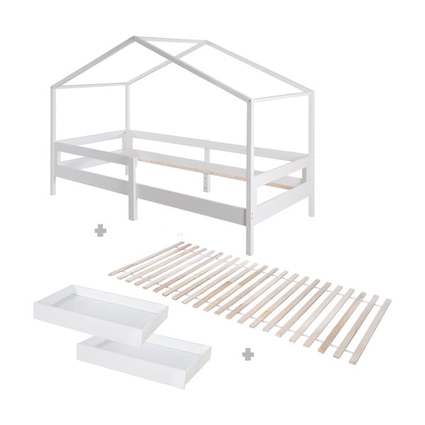 Letto da bambini a forma di casa bianco in legno massiccio con contenitore con rete inclusa 90x200 cm – Roba