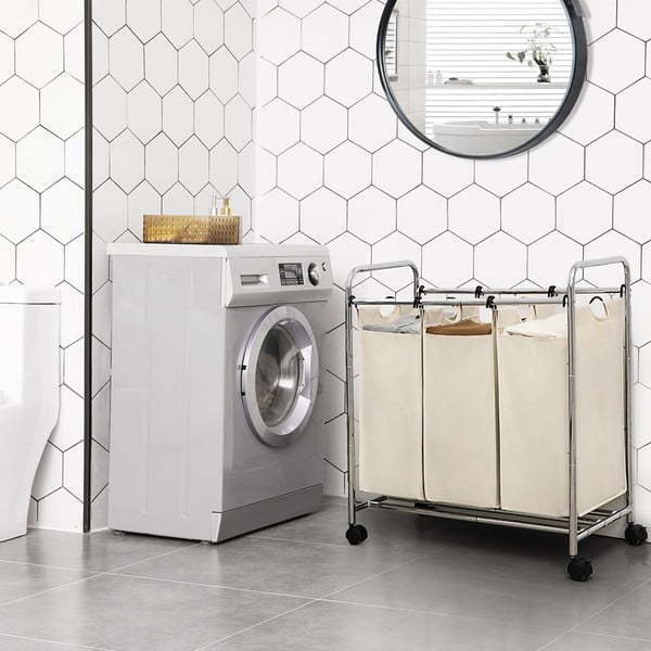 Cesto bianco con ruote e 3 segmenti per il bucato - Songmics-image-2