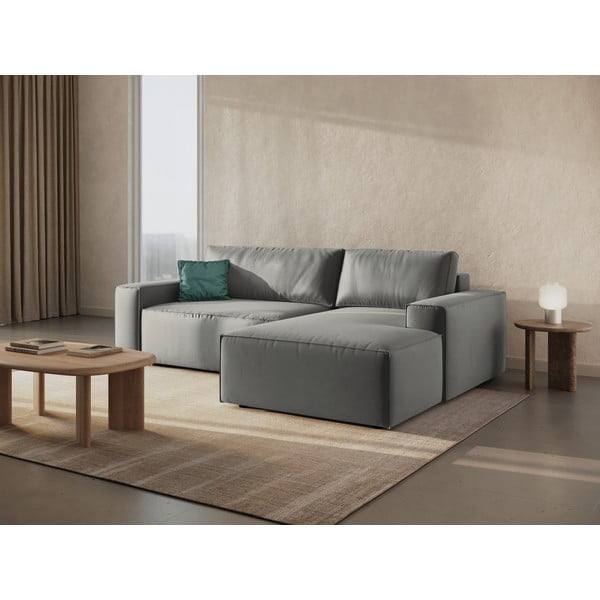 Divano angolare grigio chiaro allungabile/con contenitore (con penisola a destra/con chaise lounge) con rivestimento in velluto Jodie – Micadoni -image-1