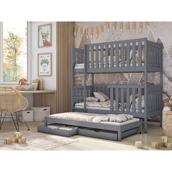 Letto a castello grigio in legno di pino con contenitore e letto estraibile 90x190 cm Emilka - Lano Meble-image-1