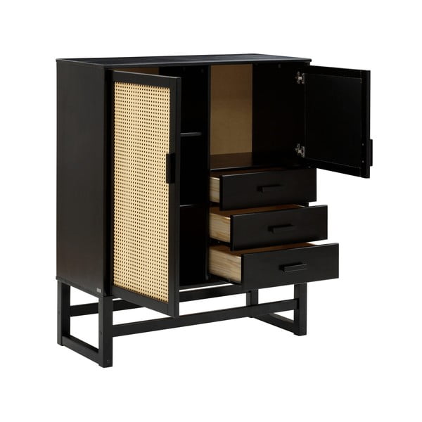 Cassettiera in legno di pino nero con ante in rattan , larghezza 90 cm Jolene - Støraa-image-3