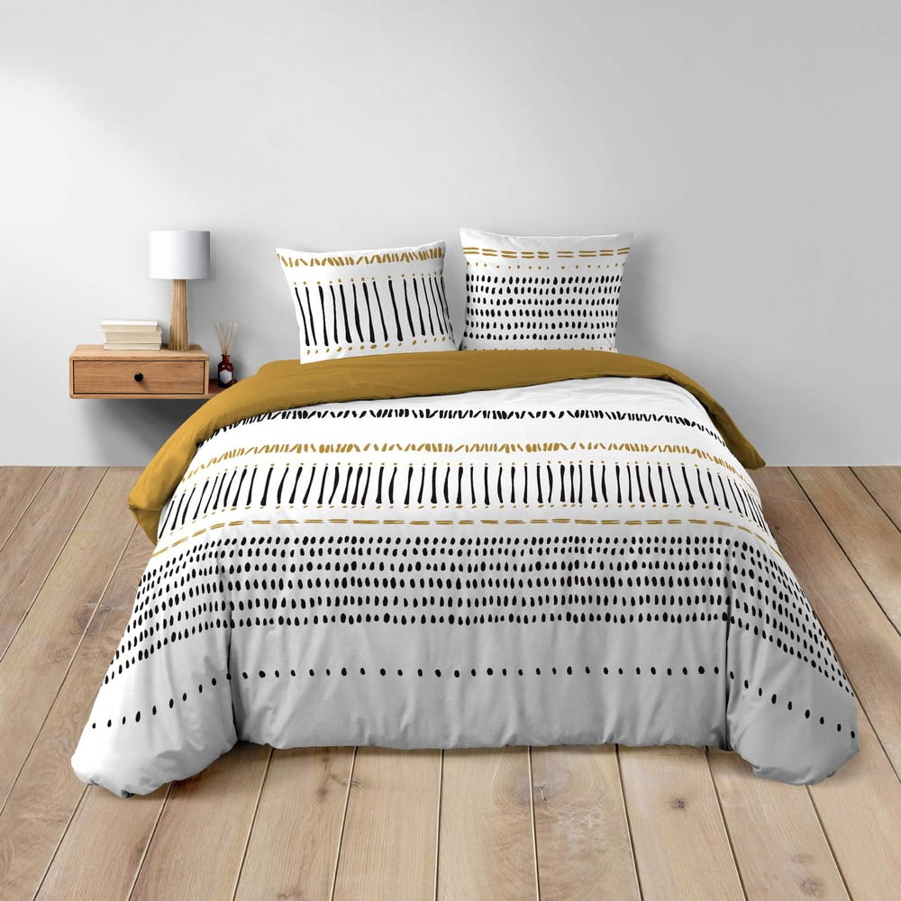 Set copripiumino e federa color senape/bianco in cotone per letto matrimoniale ed esteso 240x220 cm Chicago – douceur d'intérieur | Biancheria da letto