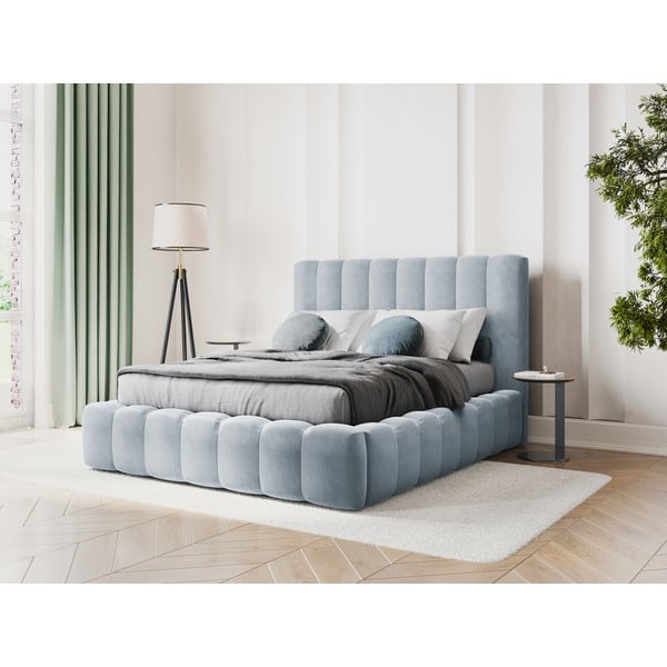Letto matrimoniale imbottito azzurro con contenitore con griglia 160x200 cm Kelp - Micadoni Home-image-1