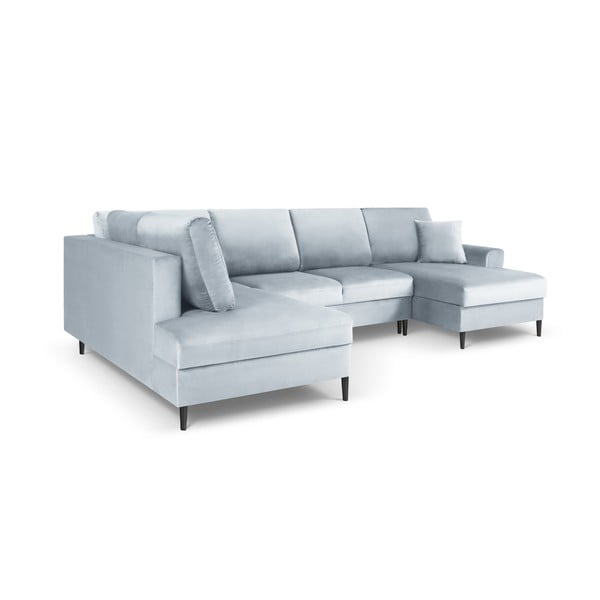 Divano angolare azzurro allungabile e con contenitore (con penisola a sinistra/a U) con rivestimento in velluto Kyoto – Cosmopolitan Design-image-3