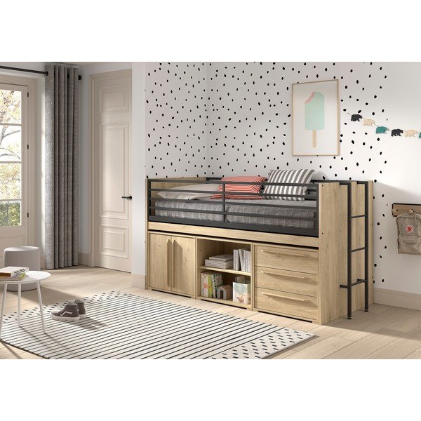 Letto da bambini rialzato di colore naturale con contenitore con rete inclusa 90x200 cm Sam – Vipack-image-1