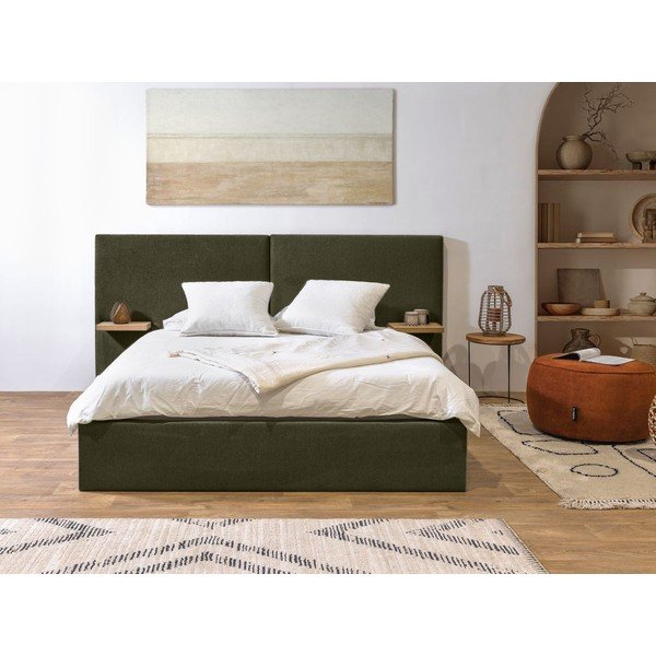 Letto matrimoniale imbottito verde scuro con contenitore con griglia 160x200 cm Blandine - Bobochic Paris-image-1